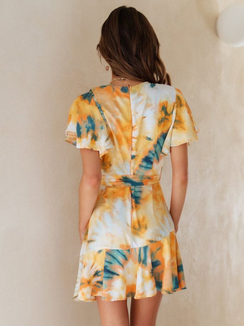 Kvinders Tie Dye Wrap Dress V-hals Bæltede Korte Ærmer Casual Sommer Kort Kjoler - Gul