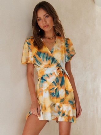 Kvinders Tie Dye Wrap Dress V-hals Bæltede Korte Ærmer Casual Sommer Kort Kjoler