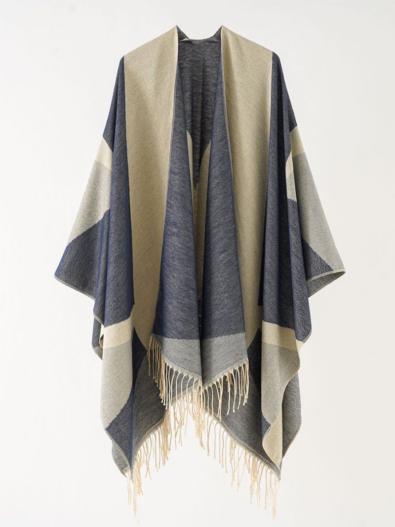 Kvinders Tofarvede Cape Daily Causal Poncho Med Frynser - Dark Navy