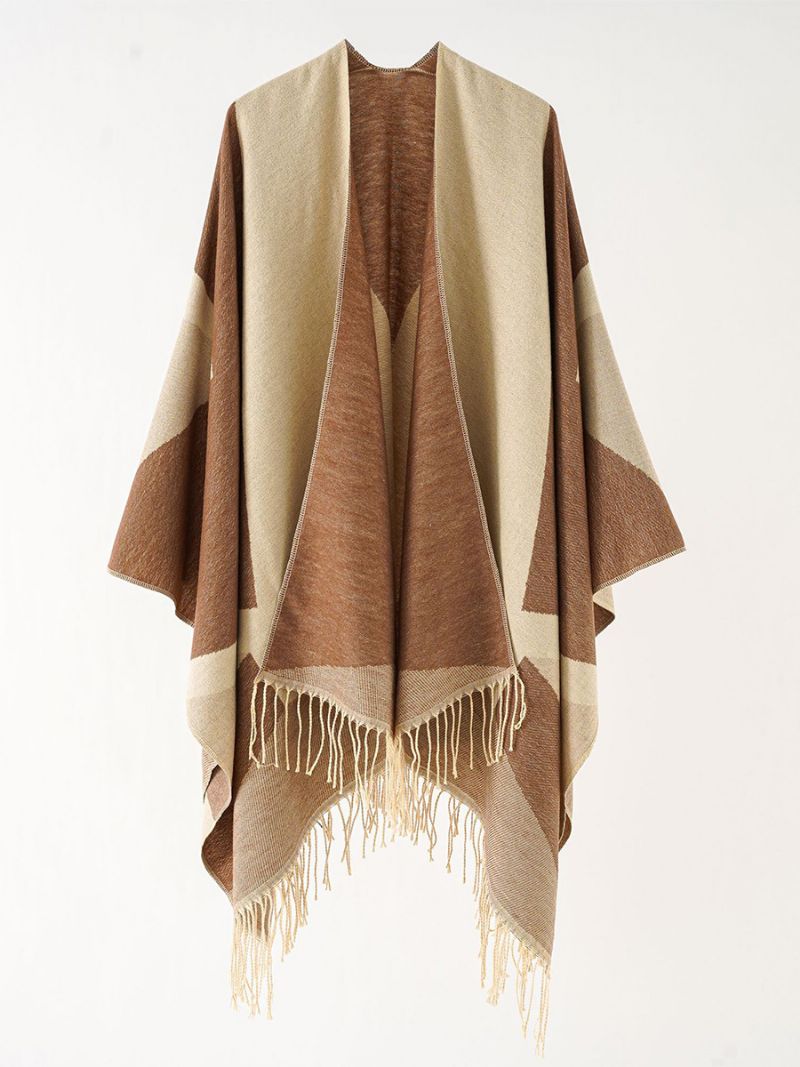 Kvinders Tofarvede Cape Daily Causal Poncho Med Frynser - Kaffebrun