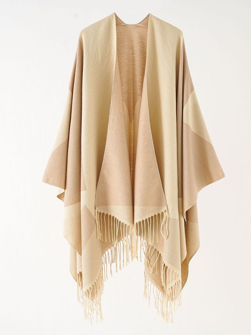 Kvinders Tofarvede Cape Daily Causal Poncho Med Frynser - Khaki