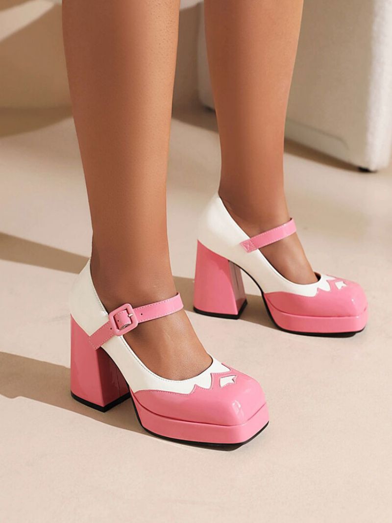 Kvinders Tofarvede Platform Mary Jane Chunky Heel Pumps - Pink