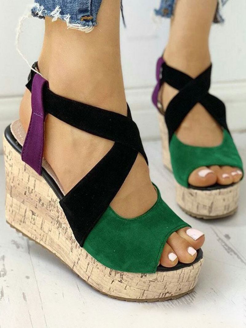 Kvinders Tofarvede Strappy Platform Wedge Sandaler - Grøn