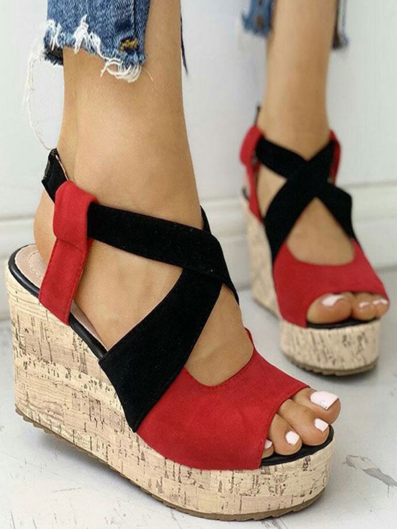 Kvinders Tofarvede Strappy Platform Wedge Sandaler - Rød