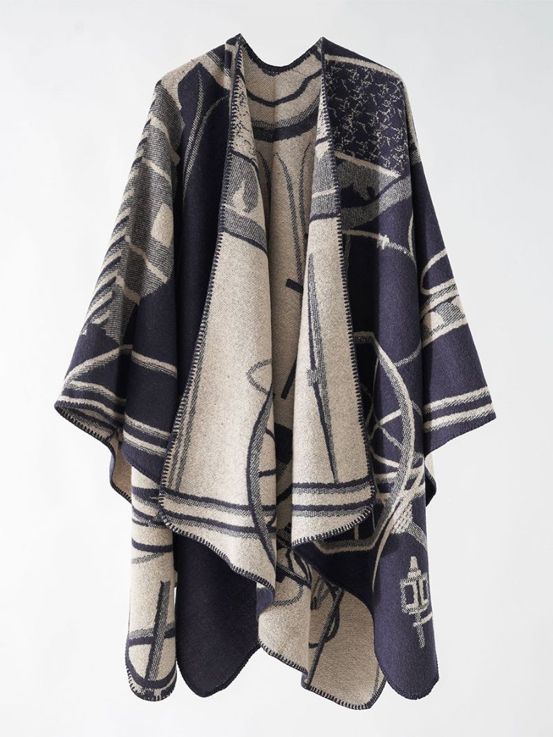 Kvinders Tofarvet Poncho Daily Casual Elegant Cape - Mørk Navy