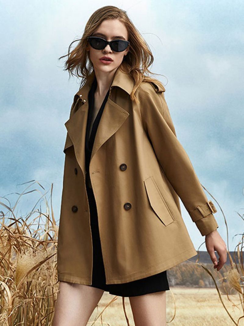 Kvinders Trench Coat Asymmetrisk Turndown Krave Sash Langærmet Frakke - Kaki