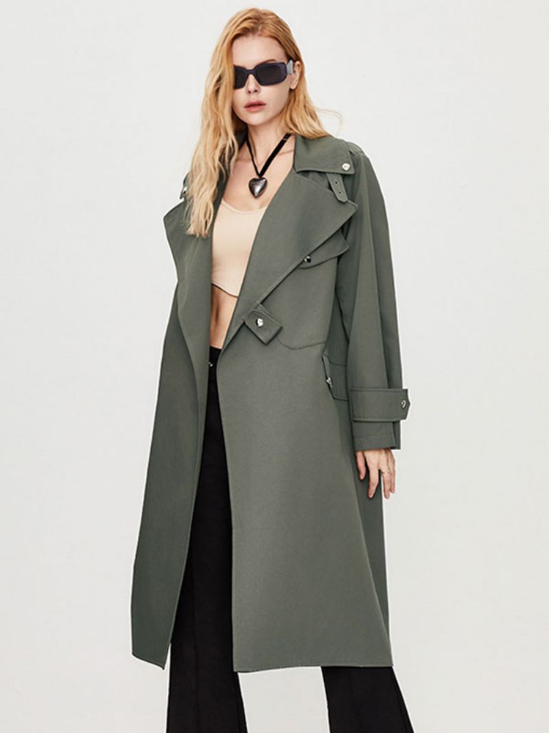 Kvinders Trench Coat Turndown-krave Langærmede Knapper Efterår Overtøj - Deep Grey