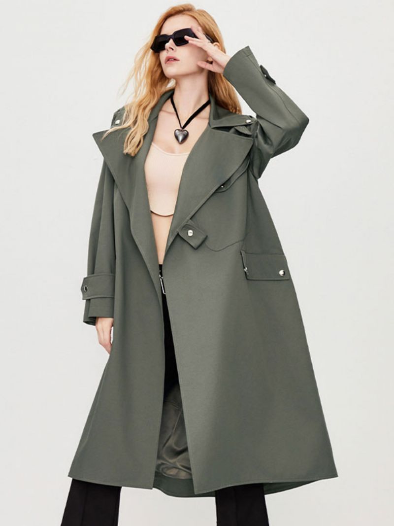 Kvinders Trench Coat Turndown-krave Langærmede Knapper Efterår Overtøj - Deep Grey