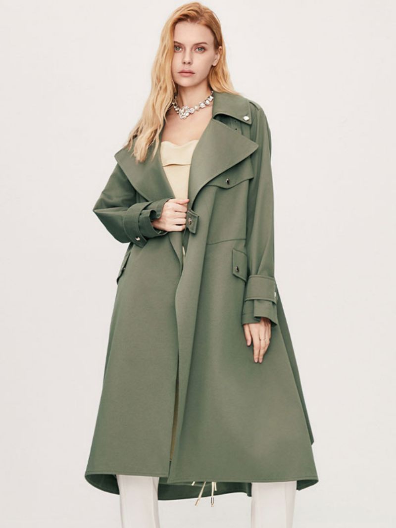 Kvinders Trench Coat Turndown-krave Langærmede Knapper Efterår Overtøj - Hunter Green