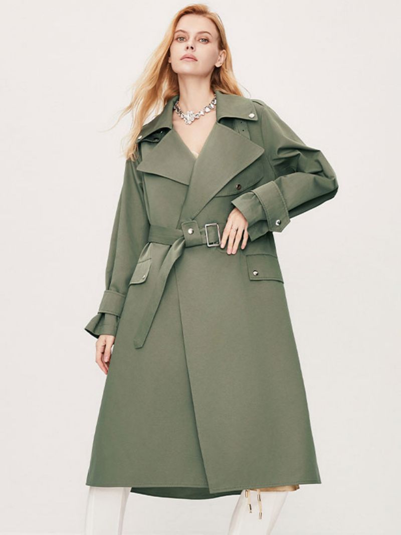 Kvinders Trench Coat Turndown-krave Langærmede Knapper Efterår Overtøj - Hunter Green