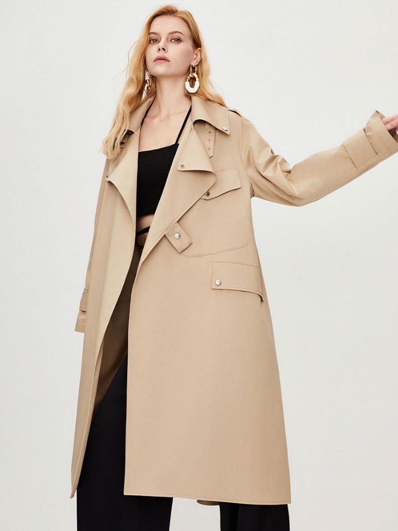 Kvinders Trench Coat Turndown-krave Langærmede Knapper Efterår Overtøj - Khaki