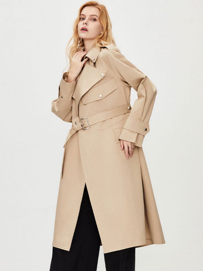 Kvinders Trench Coat Turndown-krave Langærmede Knapper Efterår Overtøj - Khaki