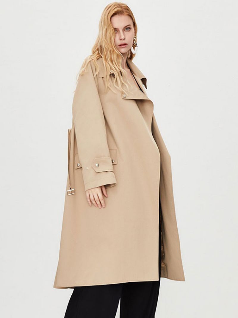 Kvinders Trench Coat Turndown-krave Langærmede Knapper Efterår Overtøj - Khaki