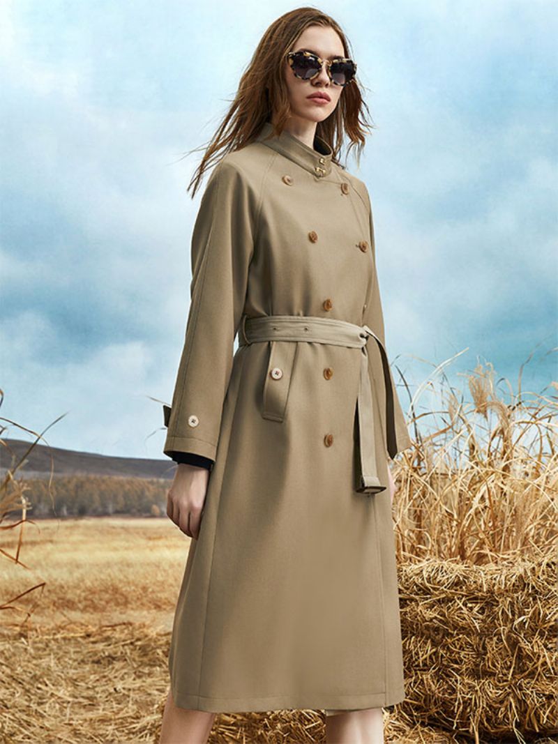 Kvinders Trench Coat Turndown-krave Langærmede Knapper Sash Ydertøj - Dyb Brun