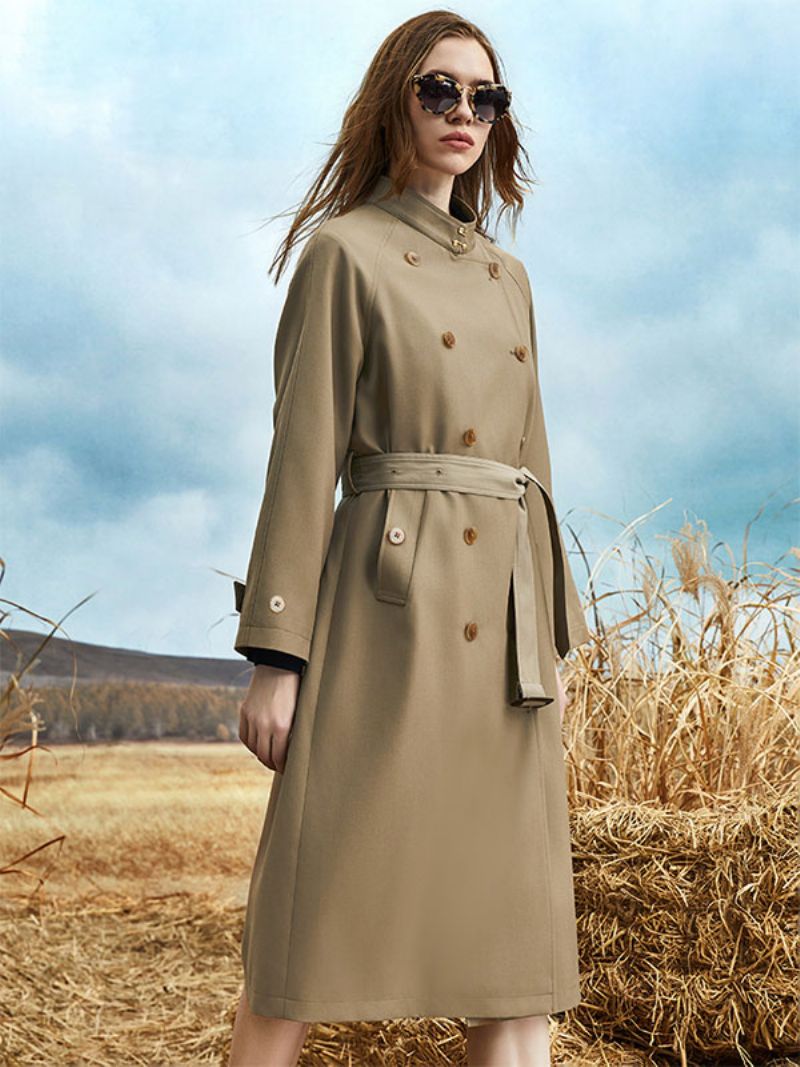 Kvinders Trench Coat Turndown-krave Langærmede Knapper Sash Ydertøj - Dyb Brun