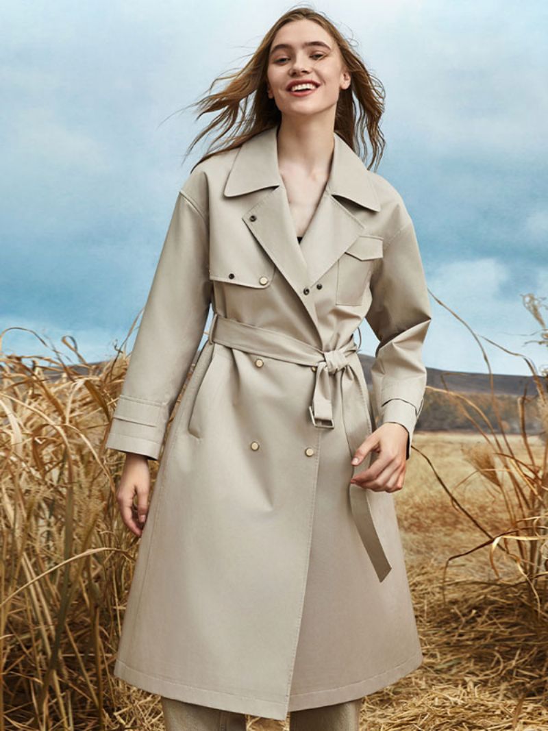 Kvinders Trench Coat Turndown Krave Sash Lange Ærmer Efterår Forår Ydertøj - Beige