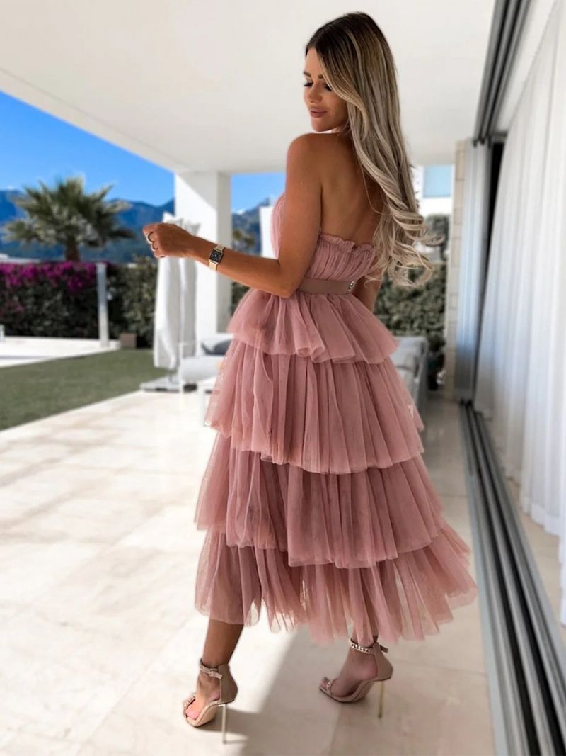 Kvinders Tyl Flæser Kjole Off The Shoulder Lagdelt Bælte Party Maxi Kjoler - Pink