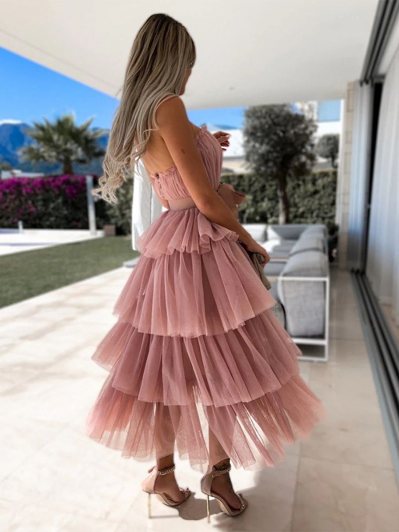 Kvinders Tyl Flæser Kjole Off The Shoulder Lagdelt Bælte Party Maxi Kjoler - Pink