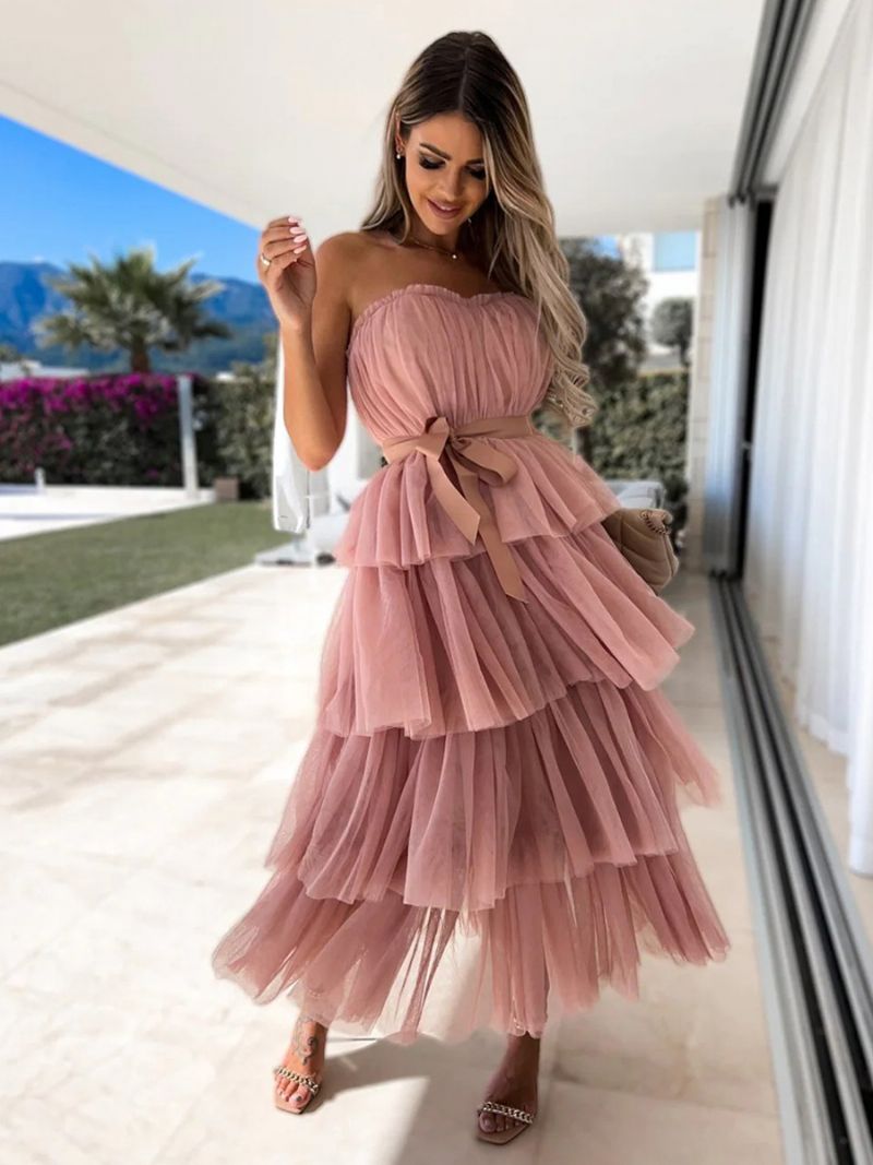 Kvinders Tyl Flæser Kjole Off The Shoulder Lagdelt Bælte Party Maxi Kjoler - Pink