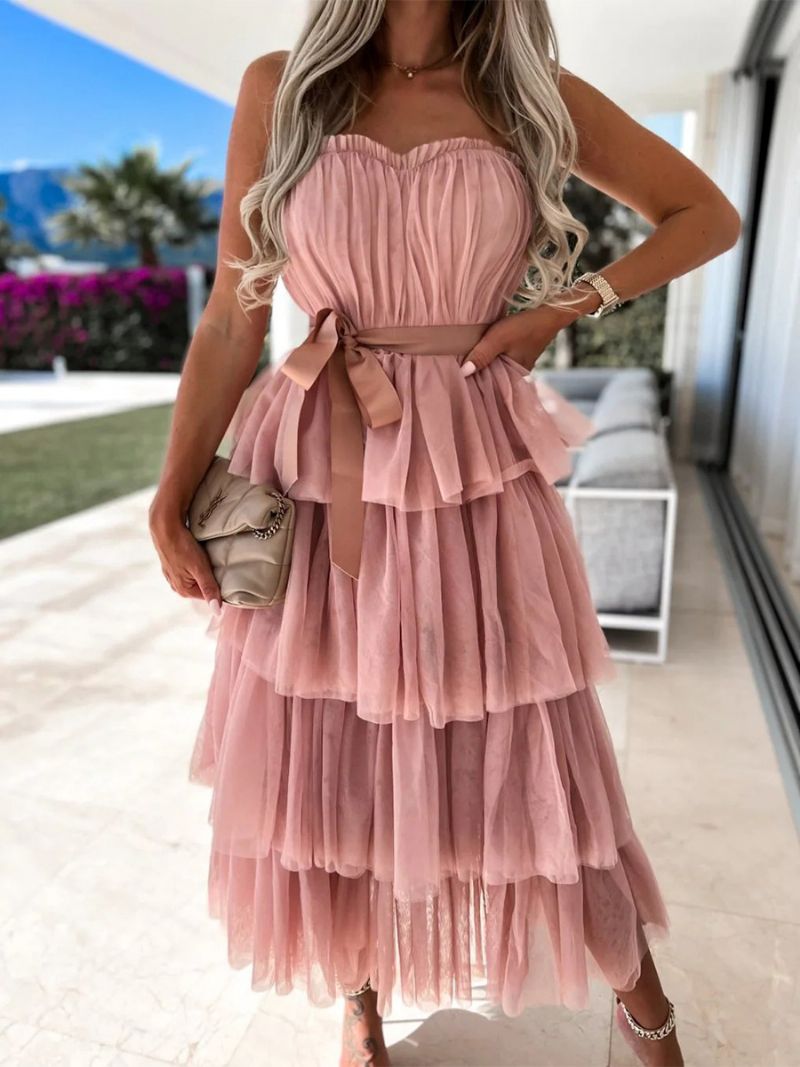 Kvinders Tyl Flæser Kjole Off The Shoulder Lagdelt Bælte Party Maxi Kjoler - Pink