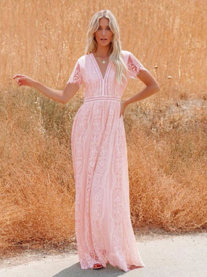 Kvinders V-hals Maxikjole Halve Ærmer Blonde Bohemian Floor Length Dress - Pink