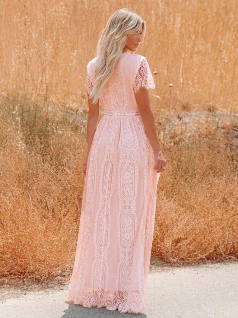 Kvinders V-hals Maxikjole Halve Ærmer Blonde Bohemian Floor Length Dress - Pink