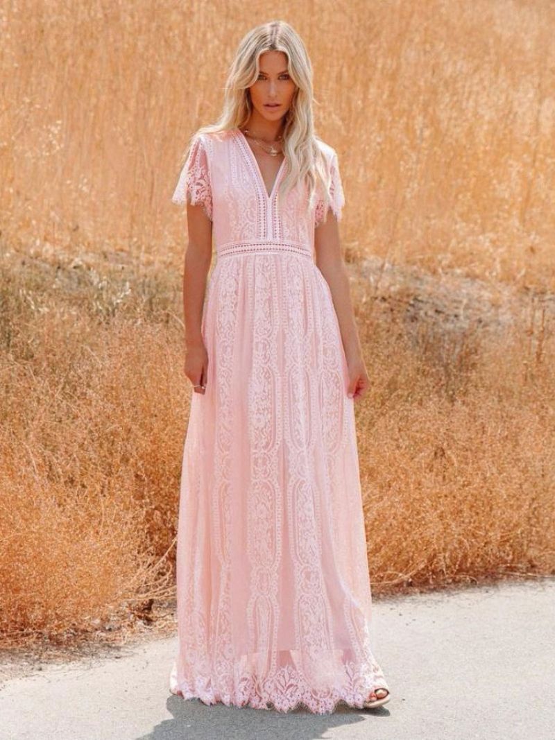 Kvinders V-hals Maxikjole Halve Ærmer Blonde Bohemian Floor Length Dress - Pink