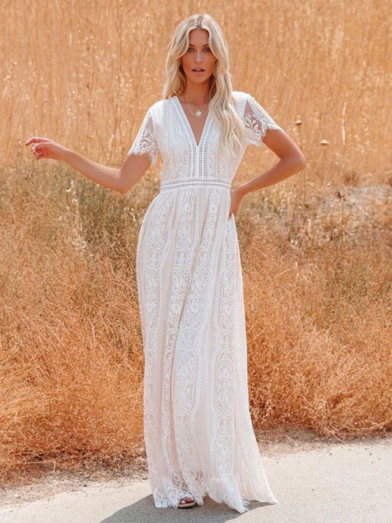 Kvinders V-hals Maxikjole Halve Ærmer Blonde Bohemian Floor Length Dress - Hvid