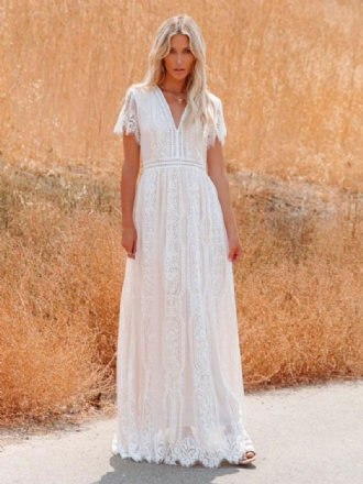 Kvinders V-hals Maxikjole Halve Ærmer Blonde Bohemian Floor Length Dress