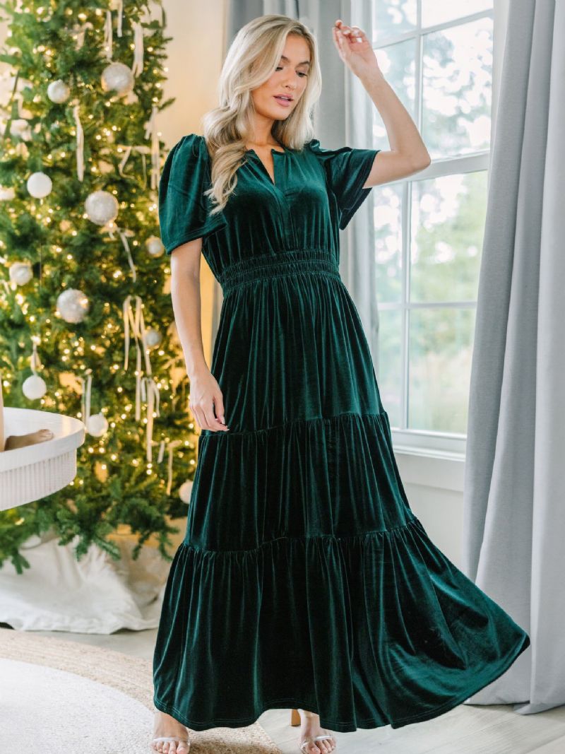 Kvinders Velvet Dress V-hals Ruching Layering Kortærmede Maxi Kjoler