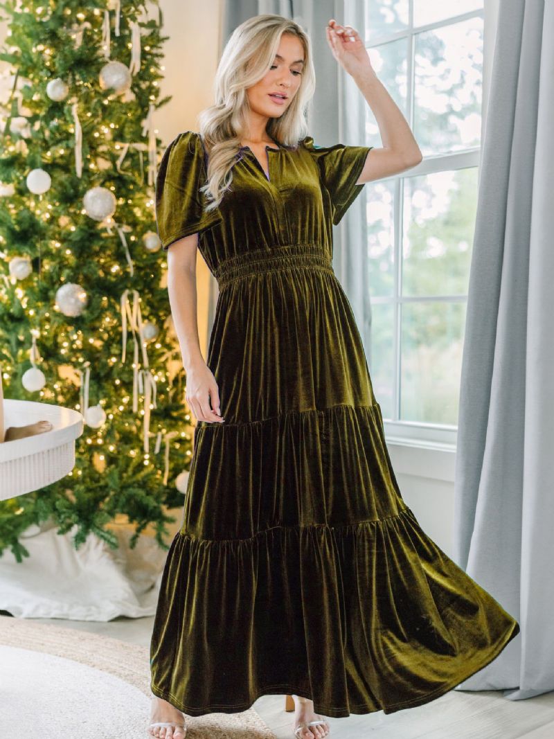 Kvinders Velvet Dress V-hals Ruching Layering Kortærmede Maxi Kjoler - Jægergrøn