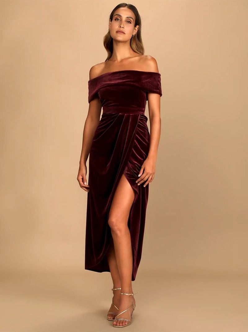 Kvinders Velvet Maxi-kjole Off Shoulder Høj Slids Plisseret Cocktail Gallakjoler