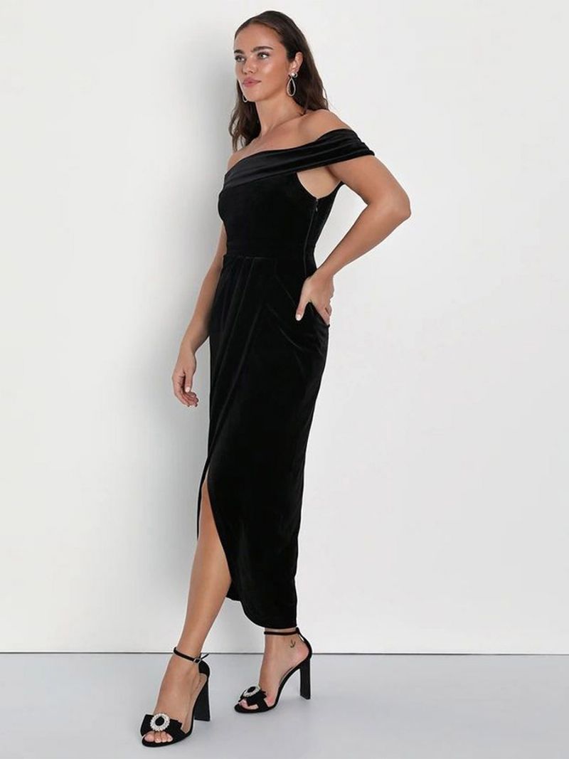 Kvinders Velvet Maxi-kjole Off Shoulder Høj Slids Plisseret Cocktail Gallakjoler - Sort