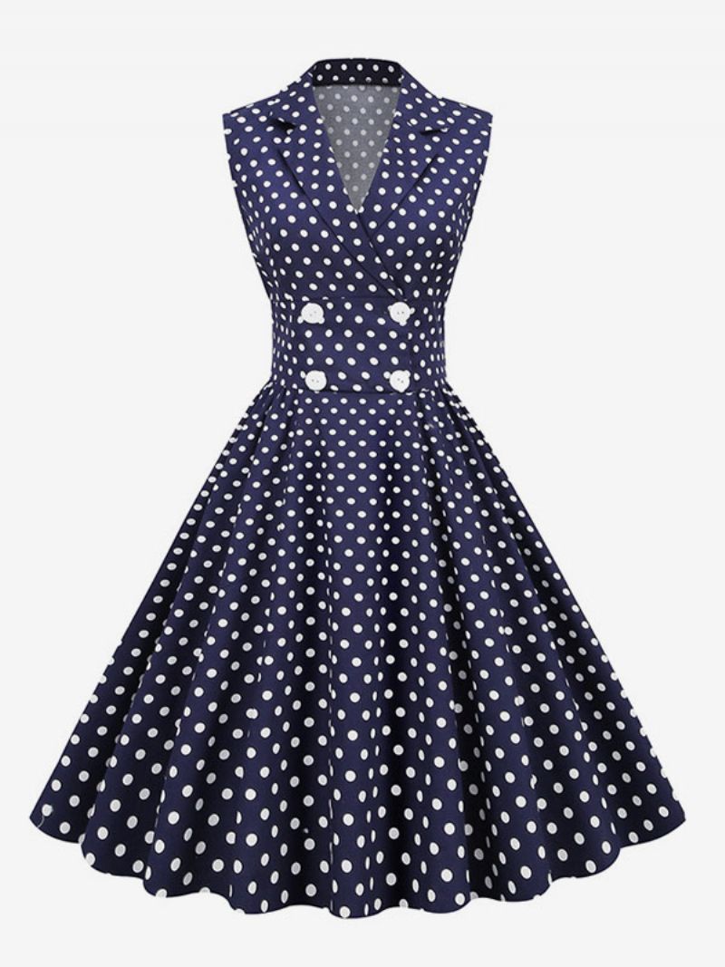 Kvinders Vintagekjole 1950'erne Audrey Hepburn-stil Med V-hals Ærmeløs Polkaprikket Swingkjole - Mørk Navy