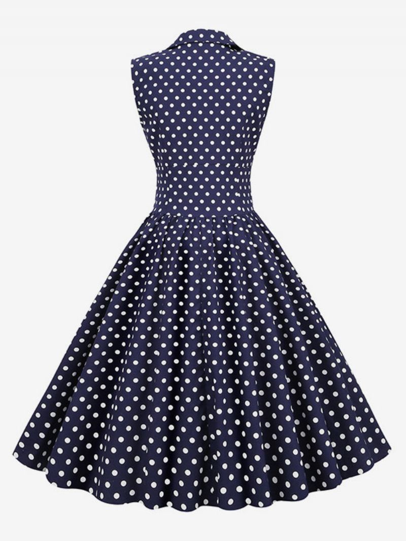 Kvinders Vintagekjole 1950'erne Audrey Hepburn-stil Med V-hals Ærmeløs Polkaprikket Swingkjole - Mørk Navy