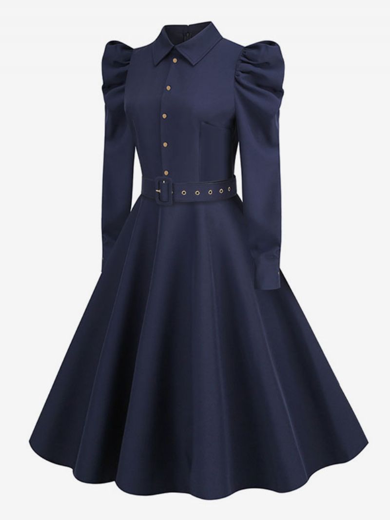 Kvinders Vintagekjole 1950'erne Audrey Hepburn-stil Mørk Marineblå Lange Ærmer Turndown-krave Rockabilly-kjole - Dark Navy