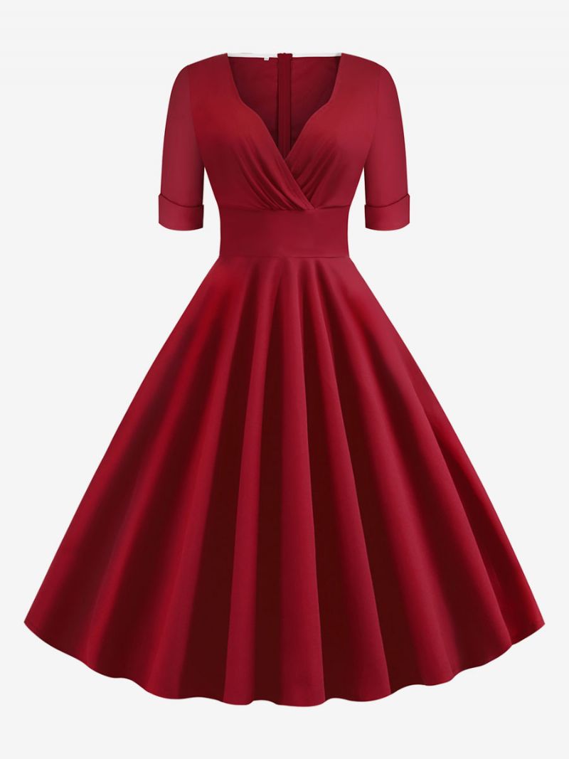 Kvinders Vintagekjole 1950'erne Audrey Hepburn-stil Rød Lagdelte Korte Ærmer Sweetheart Neck Rockabilly-kjole