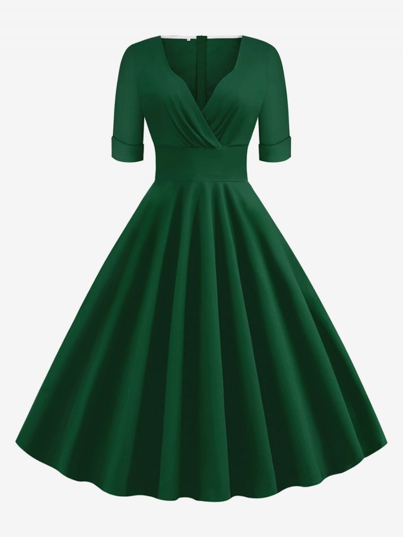 Kvinders Vintagekjole 1950'erne Audrey Hepburn-stil Rød Lagdelte Korte Ærmer Sweetheart Neck Rockabilly-kjole - Grøn