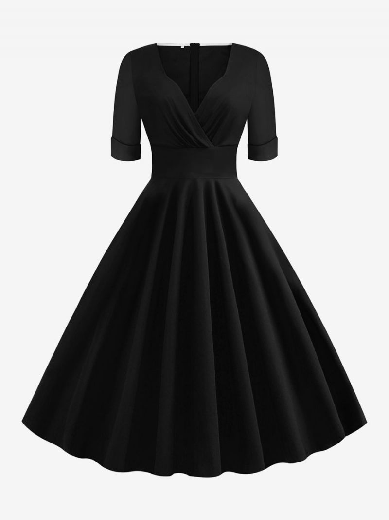 Kvinders Vintagekjole 1950'erne Audrey Hepburn-stil Rød Lagdelte Korte Ærmer Sweetheart Neck Rockabilly-kjole - Sort