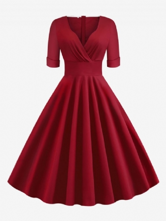 Kvinders Vintagekjole 1950'erne Audrey Hepburn-stil Rød Lagdelte Korte Ærmer Sweetheart Neck Rockabilly-kjole