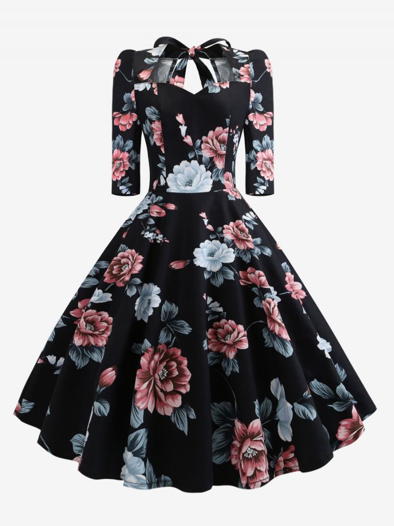 Kvinders Vintagekjole 1950'erne Audrey Hepburn-stil Sweetheart Neck Snørebånd Lagdelt 3/4-længde Ærmer Medium Blomsterprint Rockabilly-kjole - Grå