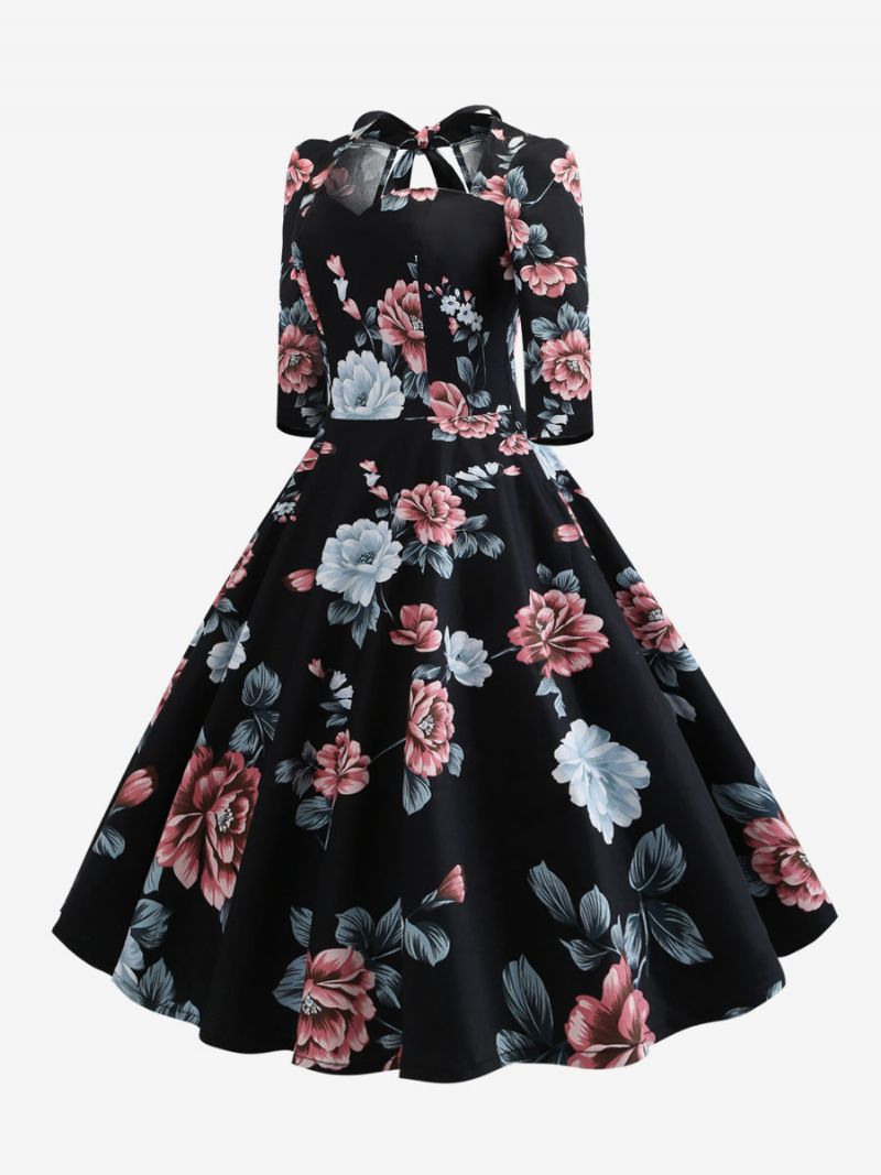 Kvinders Vintagekjole 1950'erne Audrey Hepburn-stil Sweetheart Neck Snørebånd Lagdelt 3/4-længde Ærmer Medium Blomsterprint Rockabilly-kjole - Grå