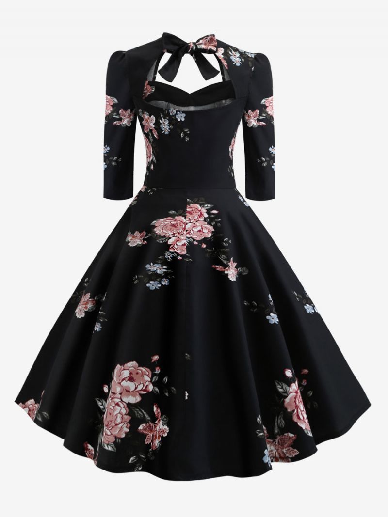 Kvinders Vintagekjole 1950'erne Audrey Hepburn-stil Sweetheart Neck Snørebånd Lagdelt 3/4-længde Ærmer Medium Blomsterprint Rockabilly-kjole - Sort