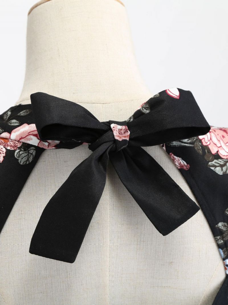 Kvinders Vintagekjole 1950'erne Audrey Hepburn-stil Sweetheart Neck Snørebånd Lagdelt 3/4-længde Ærmer Medium Blomsterprint Rockabilly-kjole - Sort