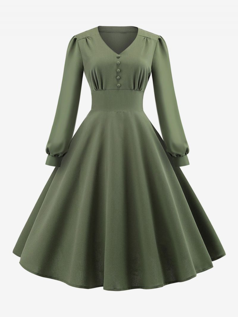 Kvinders Vintagekjole 1950'erne Audrey Hepburn-stil V-hals Langærmet Mellemlang Swingkjole