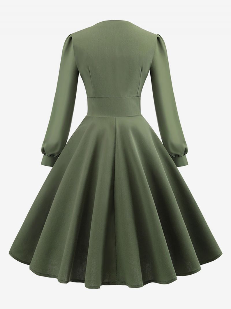 Kvinders Vintagekjole 1950'erne Audrey Hepburn-stil V-hals Langærmet Mellemlang Swingkjole - Hunter Green