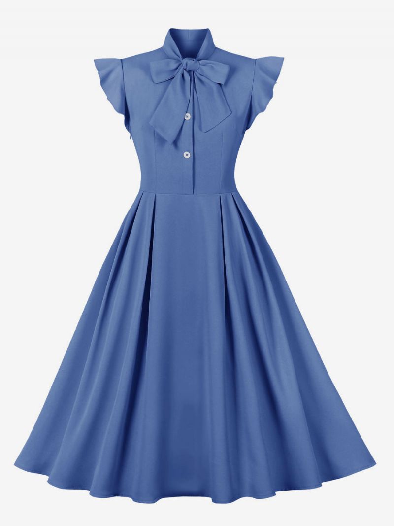 Kvinders Vintagekjole 1950'erne Audrey Hepburn Style Blue Bows Swing Dress - Blå