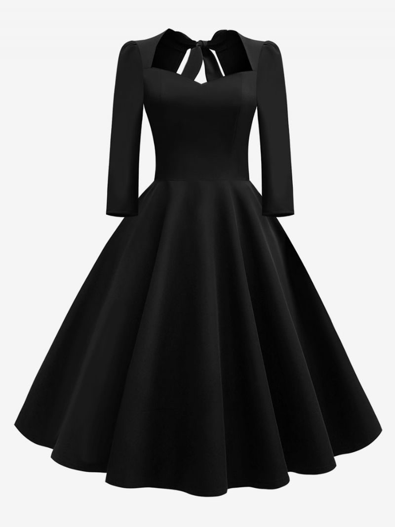 Kvinders Vintagekjole 1950'erne Audrey Hepburn Style Sweetheart Neck Rygløs 3/4-længde Ærmer Rockabilly-kjole - Sort