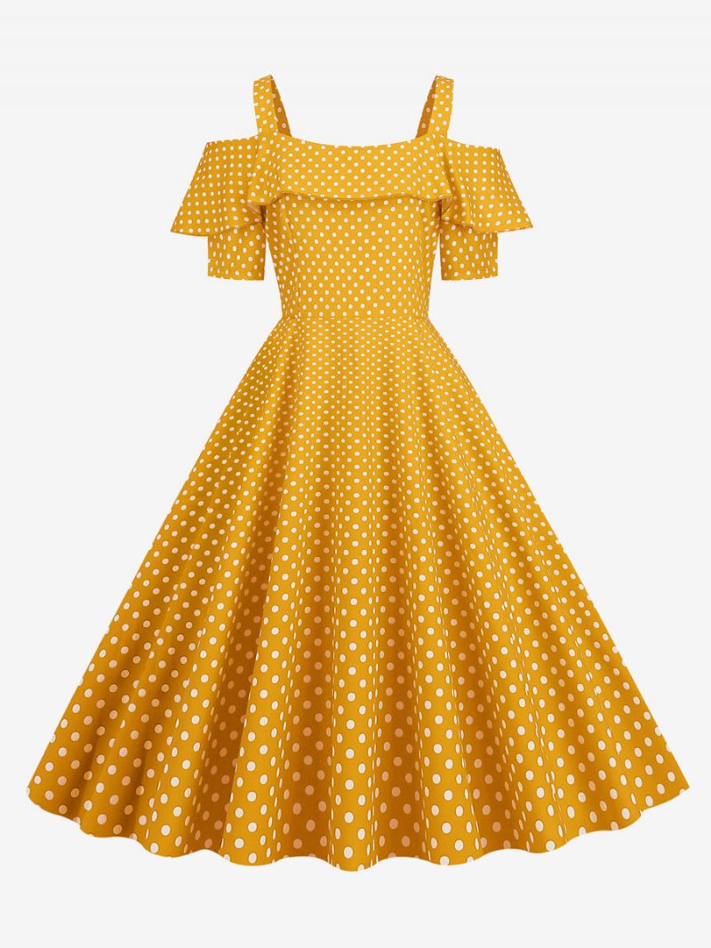 Kvinders Vintagekjole 1950'erne Bateau-hals Med Korte Ærmer Medium Polka Dot Rockabilly-kjole - Gul