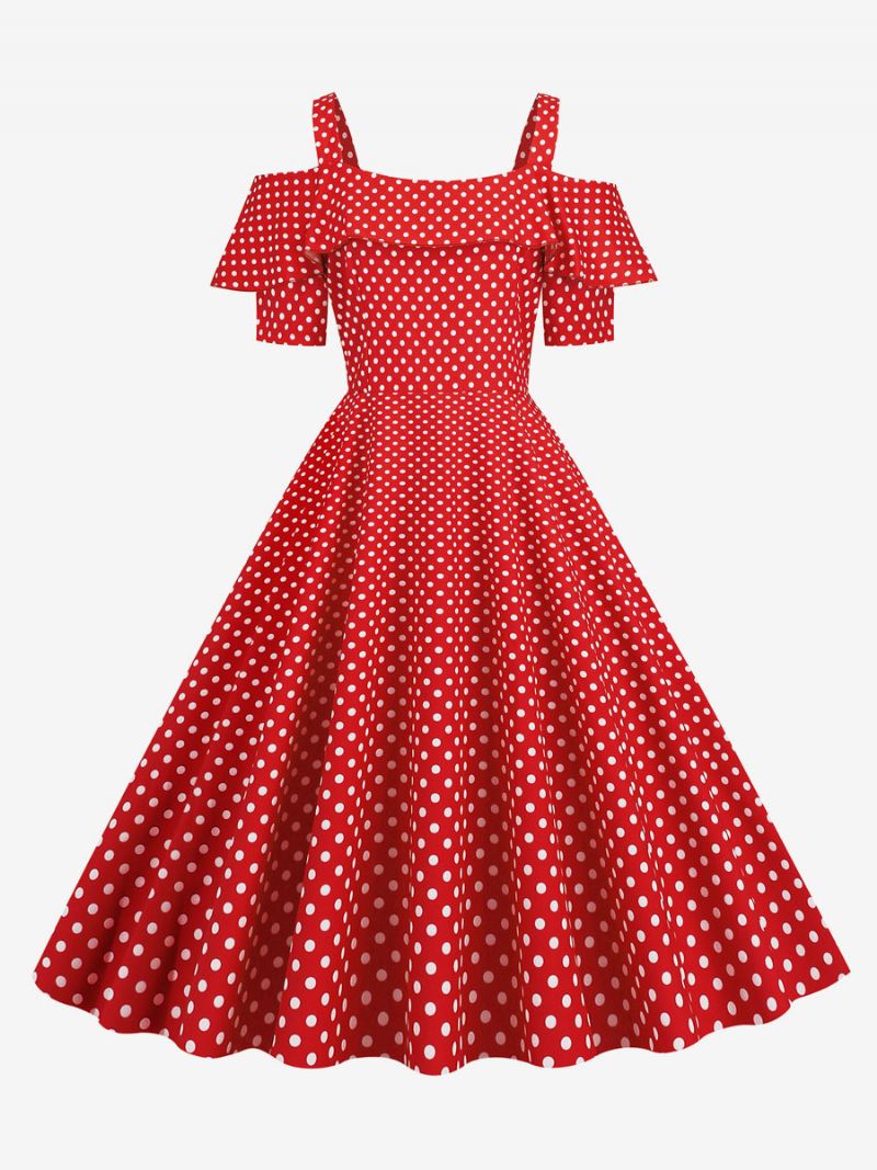 Kvinders Vintagekjole 1950'erne Bateau-hals Med Korte Ærmer Medium Polka Dot Rockabilly-kjole - Rød